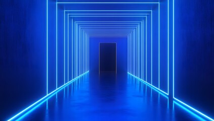 Abstract blue hallway background with glowing lines, minimalistic design, simple shapes like tunnel,