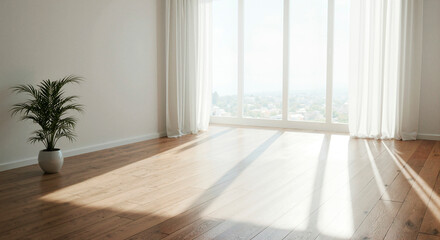 Bright empty room with white walls and a plant in a pot. Sunny bright room interior with a large window