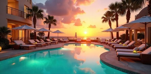 Exclusive summer VIP lounge, luxurious poolside cabanas, refreshing cocktails, vibrant sunset Enjoy ultimate relaxation and opulent amenities , cabana, sunset, premium