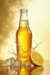 A bottle of cold refreshing soda with lemon slices and splashing effect