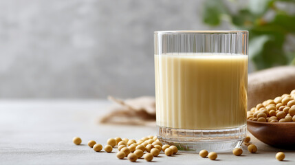  A refreshing healthy soy drink served in a modern glass, surrounded by raw soybeans
