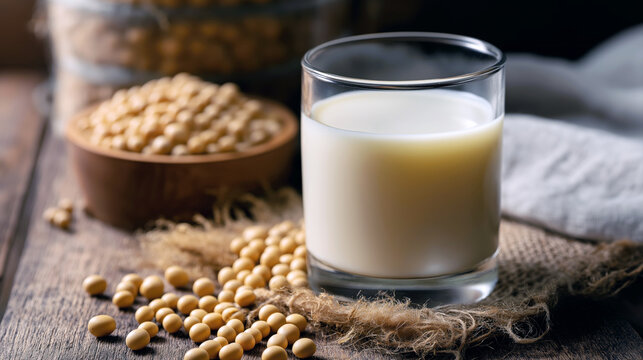 A clear glass filled with fresh soy milk is elegantly placed next to raw soybeans, highlighting a healthy and natural lifestyle