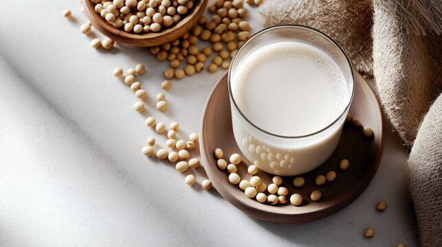 A refreshing glass of soy milk placed elegantly on a plate, surrounded by raw soybeans