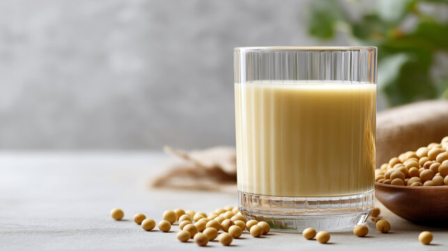  A refreshing healthy soy drink served in a modern glass, surrounded by raw soybeans