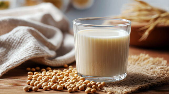 A refreshing glass of fresh soy milk sits elegantly on a rustic wooden table, surrounded by scattered soybeans.
