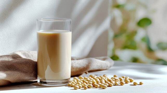 A modern glass filled with a fresh soy drink sits on a light surface