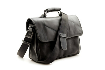Naklejka premium Elegant Black Leather Messenger Bag Isolated on White Background Perfect for Business Professionals or Everyday Use Stylish Travel Accessory