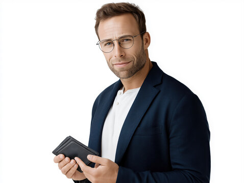 A confident man in a stylish outfit, holding a black wallet. 
