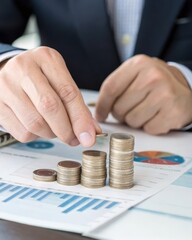 financial freedom independence strategy value concept. Hand arranging coins on a financial report table.