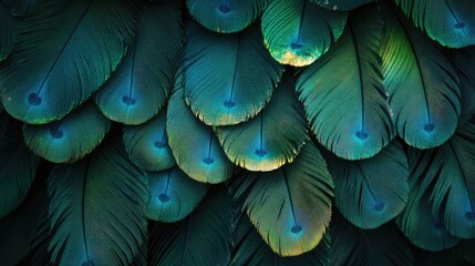 Close-up of overlapping, teal and green bird feathers, showing iridescent details and subtle lighting variations