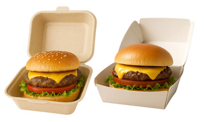 Cheeseburger Takeout Set in Eco-Friendly Boxes on White Background