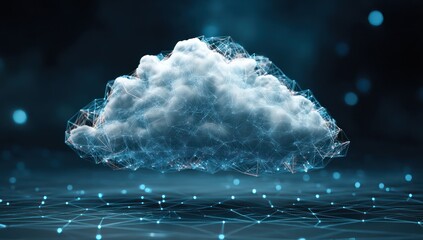 Data storage and cloud computing visualized through expansive digital cloud networks in a modern setting.