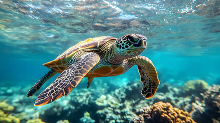 Obraz premium Sea turtle swimming in a vibrant coral reef.