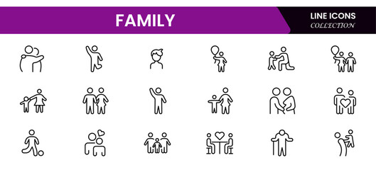 vector icons depicting family: parents, children, love, support, home, togetherness, bonding, care, happiness, and shared moments.
