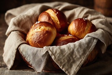 Fresh Salted Bread Rolls in Woven Basket