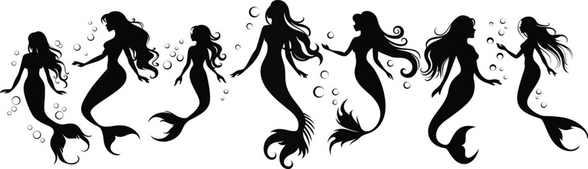 Silhouette of Mermaid Collection vector illustration - Vector Clipart of Silhouette Set of Elegant Mermaids with Bubbles