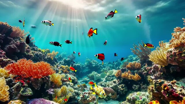 Colorful coral reef teeming with vibrant fish in a stunning underwater time lapse, Colorful coral reef and fishes Seamless ing background
