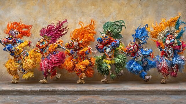 Vibrant Ecuadorian Diablada dance troupe performing with elaborate masks and costumes