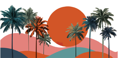 Summer, sun and sale. Vector minimalistic illustration of sun rays, swimming pool with sun lounger and umbrella and tropical palm leaf Nature and rural landscape. Vector illustrations of village.