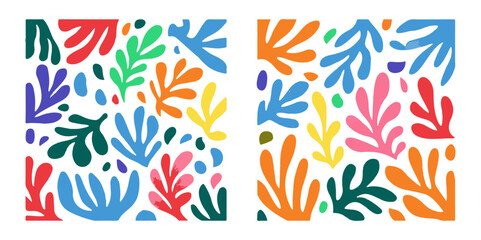 colorful Botanical doodle background art vector set. Flower and leaves abstract shape doodle art design for print, wallpaper, clipart, wall art for home decoration.