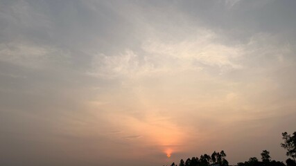 Sunset Sky with Trees Silhouette Serene Orange Hues Blending into a Cloudy, Gray Skyline