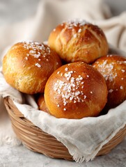 Fresh Salted Bread Rolls in Woven Basket