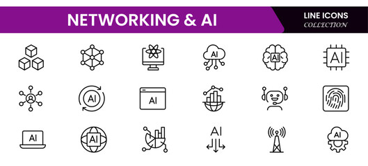 Vector illustration web line icons showcasing networking and AI concepts: connected nodes, neural networks, data exchange, artificial intelligence, machine learning, and digital communication.

