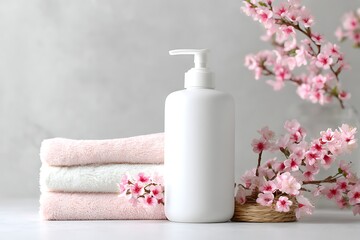 White Pump Bottle Mockup with Soft Pink Flowers