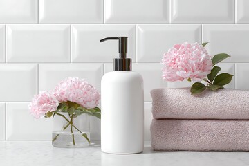 White Pump Bottle Mockup with Soft Pink Flowers