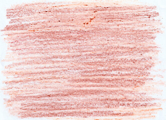 Texture of horizontal strokes with wax crayons, chalk, colored pencils. Different shades of peach, brown. Chaotic spots and dots from above. White background. Peach fuzz, mocha mousse, nude colors.