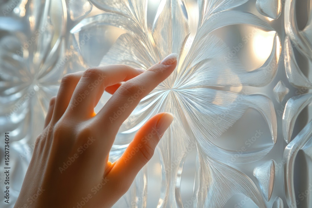 Poster a hand gently touches an intricately designed, translucent glass surface with a floral pattern, illu