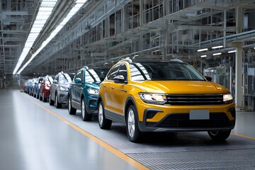 Electric Car Being Assembled on Factory Line
