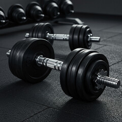 Fototapeta premium Heavy adjustable dumbbells on gym floor with dark background