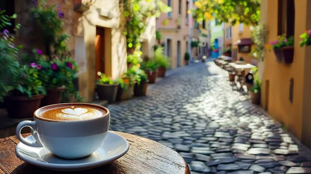 Enjoying coffee on a sunny village street lined with vibrant flowers and charming architecture, Coffee cup on table in charming village street with cobblestone path Travel concept