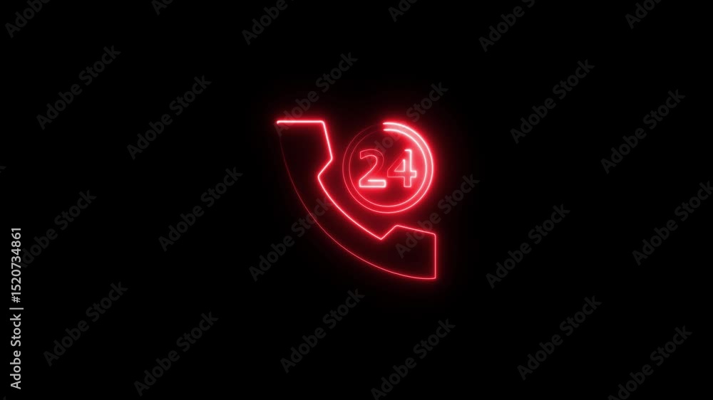 Poster glowing neon 24 hours hotline. service hotline or helpline.24 hours call icon animation. phone appea