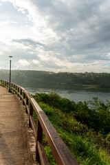 The Three Borders Landmark Puerto Iguaz  marks the confluence of Argentina, Brazil, and Paraguay,...