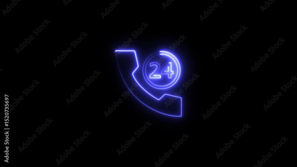 Poster glowing neon 24 hours hotline. service hotline or helpline.24 hours call icon animation. phone appea