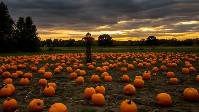 Pumpkin patch at sunset with scarecrow