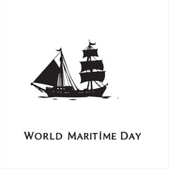 A classic black and white vector silhouette celebrating World Maritime Day, rendered in an Isekai anime style. The image is set against a stark white background