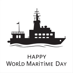 A timeless and elegant black and white vector illustration in a modern flat design style depicting a silhouette celebrating World Maritime Day on a white background.  