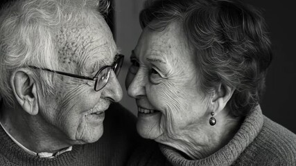 Elderly couple sharing a joyful moment and gazing into each other's eyes at home, An elderly couple looking at each other and at the camera, smiling and showing varied expressions - Powered by Adobe