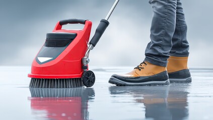 Red Cleaning Machine on Wet Surface