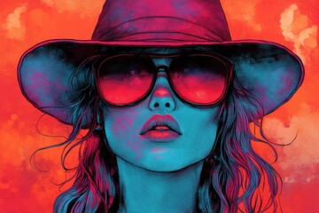 Stylized illustration of a woman with blue skin wearing large red-tinted sunglasses and a wide hat against a vivid orange-red background. 
