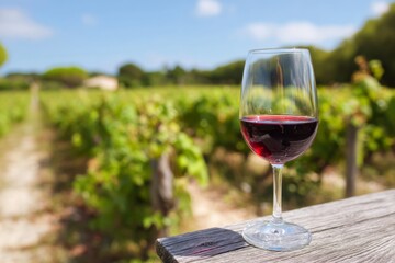A glass of red wine rests on a wooden table with a lush vineyard in the blurred background under a sunny sky. This image captures the essence of wine tasting, agriculture, and outdoor leisure.