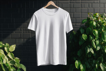 Plain white t-shirt hanging on a wooden hanger with a dark tiled wall and green leaves in the background. Perfect for apparel mockups, branding, or minimalist product presentations.