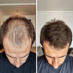 Before-and-after comparison of a man with significant hair loss and restored hair density, viewed from above. Ideal for illustrating hair restoration treatments, hair growth products