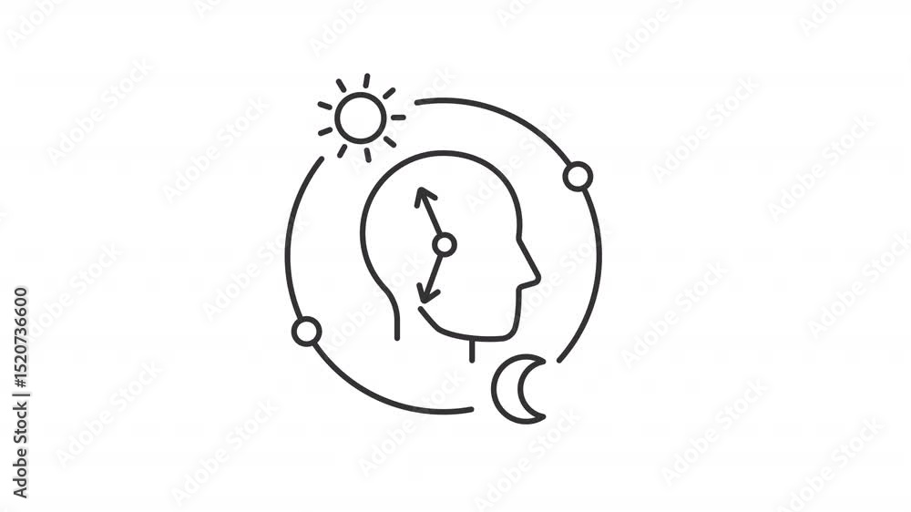 Poster circadian health line animation. human head with biological clock animated icon. optimize cognitive 