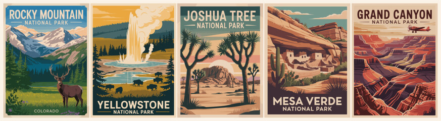 Set of retro-style USA National Parks travel posters featuring Grand Canyon, Mesa Verde, Rocky Mountains, Joshua Tree, and Yellowstone. Vintage outdoor adventure vector illustration.