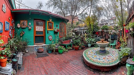 Whimsical outdoor space with vibrant colors and diverse collection of plants and artifacts
