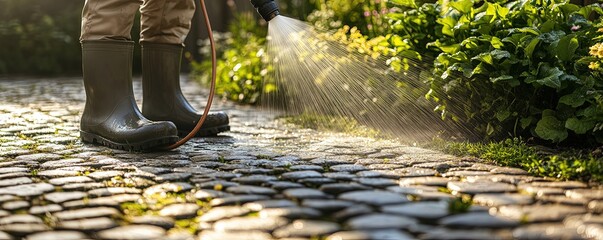 Gardener Watering Pathway